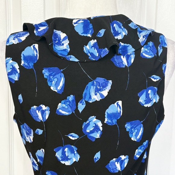 Chaps Black & Blue Floral Ruffle Sleeveless Faux Wrap Midi Dress Medium - Picture 14 of 16